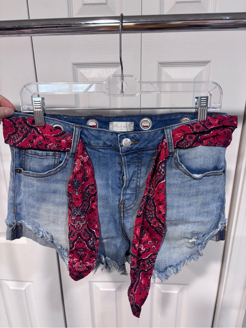 Altar'd State Light Wash Denim Cutoff Shorts with Red Bandana Belt
